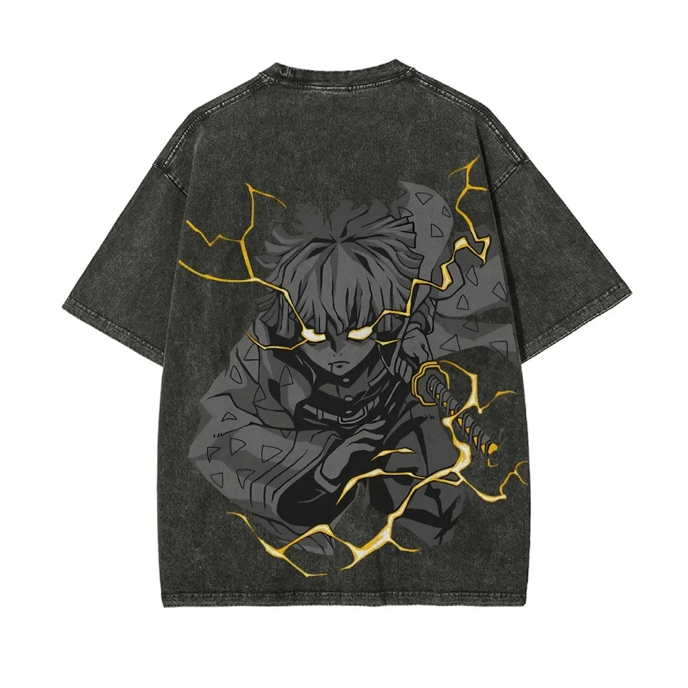 Demon Slayer Men's Women's Washed T-Shirt Zenitsu Agatsuma Summer Spring Anime Tee Retro Distressed High Quality Short Sleeve