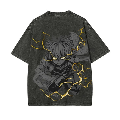 Demon Slayer Men's Women's Washed T-Shirt Zenitsu Agatsuma Summer Spring Anime Tee Retro Distressed High Quality Short Sleeve