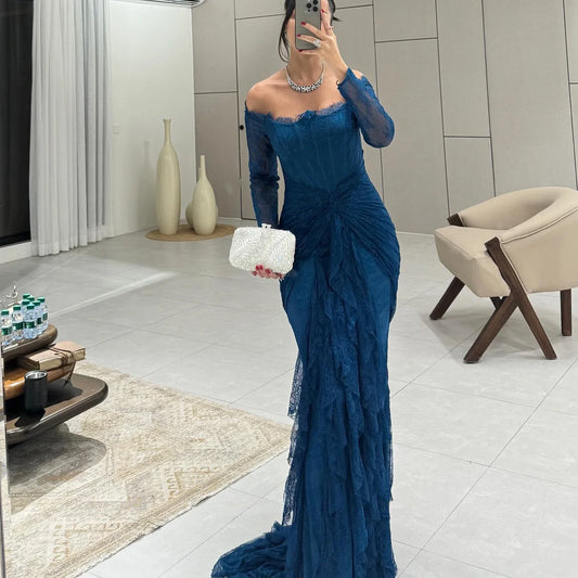 Said Luxury Blue Lace Evening Dress Saudi Arabia Elegant Off Shoulder Wedding Guest Gowns Formal Party Dress SF519 Custom