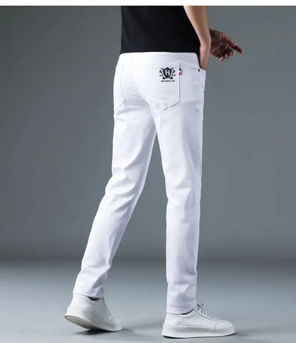 Korean Man Designer Clothes 2025 White Jeans Men Spring Autumn Printed Students Slim Stretch Pencil Pants Workwear Long Trousers