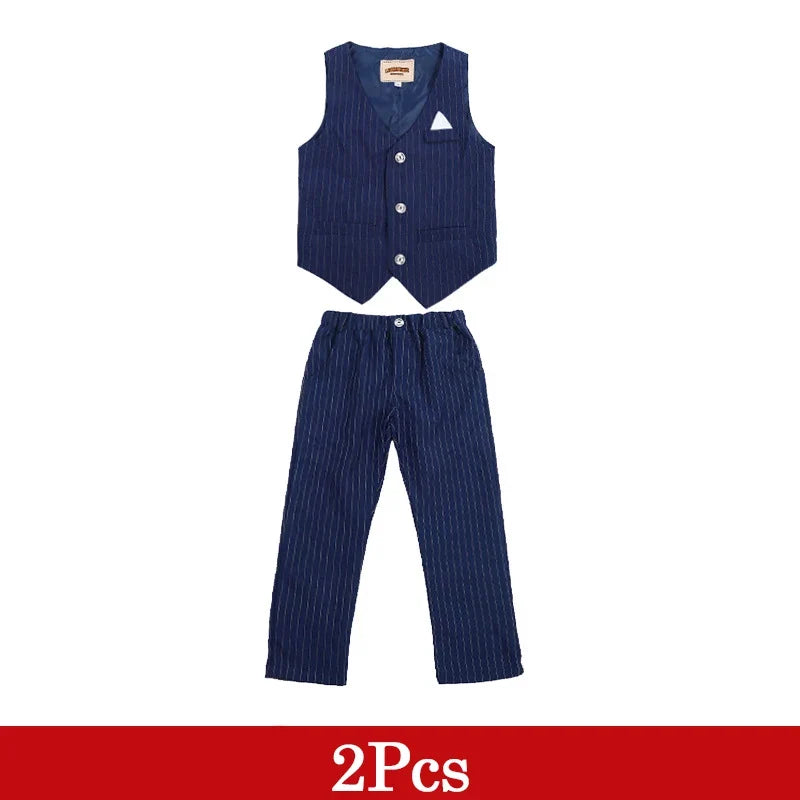 2PCs/5Pcs Kids Boy Gentleman Formal Suit White T-shirt Black Blue Stripe Set Children Birthday Party Wedding Clothing