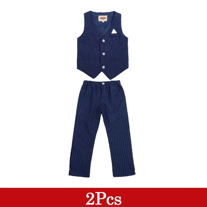 2PCs/5Pcs Kids Boy Gentleman Formal Suit White T-shirt Black Blue Stripe Set Children Birthday Party Wedding Clothing