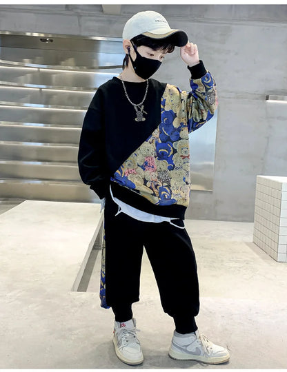 Boys Cotton Cartoon Print Patchwork Workout Sweatshirt+Sweatpant Sets Children 2PCS Tracksuit School Kids Jogging Outfits 5-16Yr