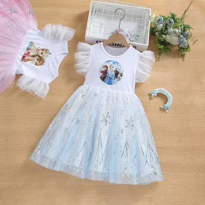 New Summer Kids Vestidos Cotton Wedding Clothes Pajama Tops Baby Girls Dresses Cartoon Frozen Elsa Print Princess Party Dress