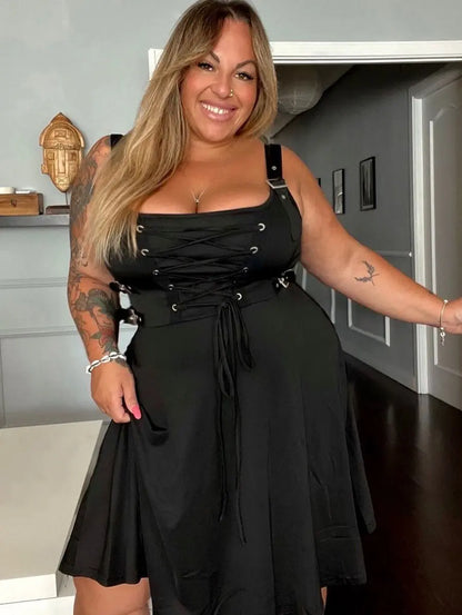 Plus Size Gothic Buckled Lace Up Midi Dress High Waist Sweetheart Neck Asymmetrical Half Zip Sleeveless Party Punk Dress