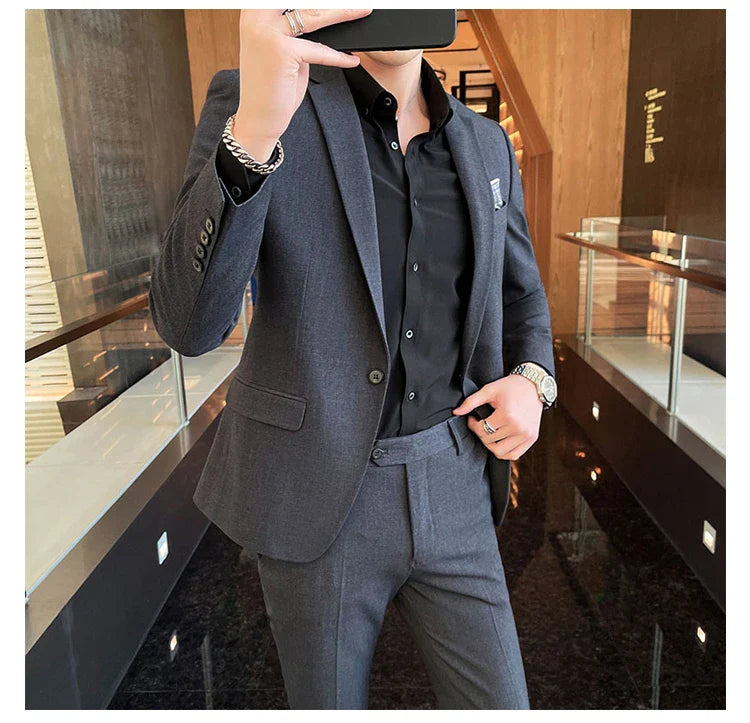 Men's Stylish Handsome Solid Color Suit Two-Piece Set M-4XL High Quality Formal Casual Banquet Fit Trousers Included