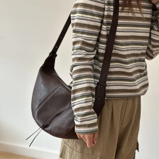 2026 New Genuine Leather Women's Bag Casual Solid Color Versatile Saddle Bag Soft Cowhide Shoulder Crossbody Bags