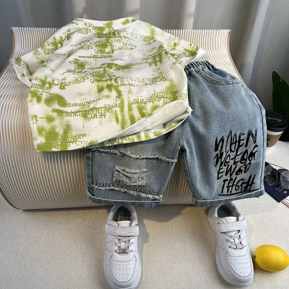 Korean Children's Summer Clothes Kids Set Outfits Boys 2026 Handsome Sleeveless&Short Sleeved T-shirt Denim Shorts 2-piece Set