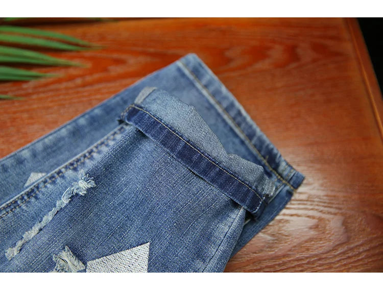 Summer Females Luxury Embroidery Jeans Womens Fashion Vintage Ripped Denim Trousers Loose Holes Elastic Harem Pants