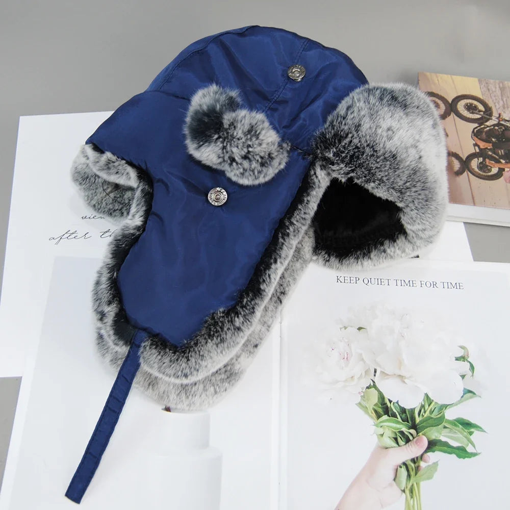 New Natural Soft Rex Rabbit Fur Caps Russia Winter Real fur Hat Men Outdoor Windproof Super Warm Real Rex Rabbit Fur Bomber Hats