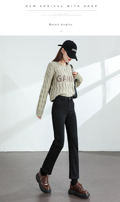 Women's Winter Fleece Warm Jeans Retro Slim Straight Elastic Cotton Thickened Warm Denim Pants Fashion Female Clothing