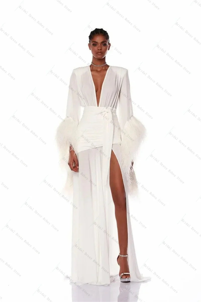 Yellow Feather Women Pregnant Prom Dress For Photo Shoot Sexy V Neck Night Gown Bridal Morning Robe Customized Long Party Skirt
