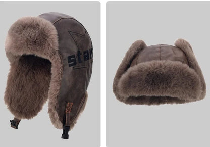 Bomber Hat Thick Warm Russian Hat Fur Lined Autumn Winter Hats for Men Women Windproof PU Leather Ski Trapper Earflap Cap