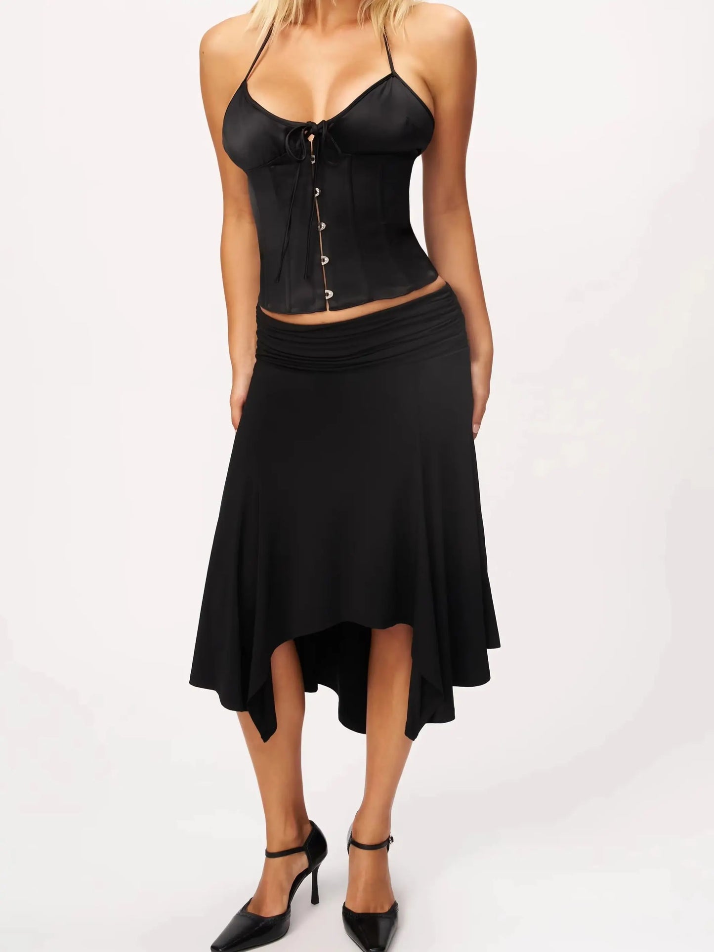 Guz Low-Waist Pleated Irregular Fishtail Skirt, Vintage Drapey Elastic Mid-Length Asymmetrical Hem Sexy Skirt, Pleated Irregular Mid-Length Skirt, Slimming Large Hem Fishtail Skirt, Black Drapey Skirt