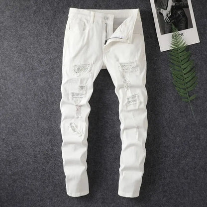 White Jeans Men's Cotton Skinny Elastic Ripped Hole Fashion Korean Denim Pants Rock Slim Trousers Hip-hop Streetwear