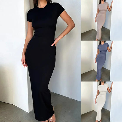 Sexy Skinny Women's Bodycon Party Dress Fashion O-neck Short Sleeve Solid Color Wraped Hip Package Long Dress Female Sexy Dress