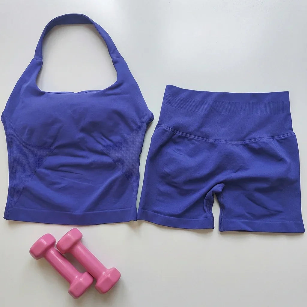Sexy Halter Neck Beautiful Back High Waist Peach Sports Bras Shorts Suit Pilates Gathering Yoga Vest Training Fitness Bra Sets