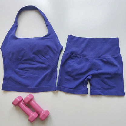 Sexy Halter Neck Beautiful Back High Waist Peach Sports Bras Shorts Suit Pilates Gathering Yoga Vest Training Fitness Bra Sets