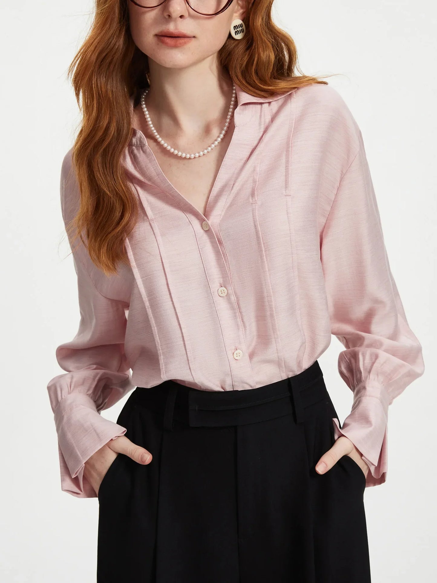 Women Long Sleeve Blouses V-Neck Women Pink Autumn Tops Striped Design Drop Shoulder Shirt Office Lady Blouse 24FS13299