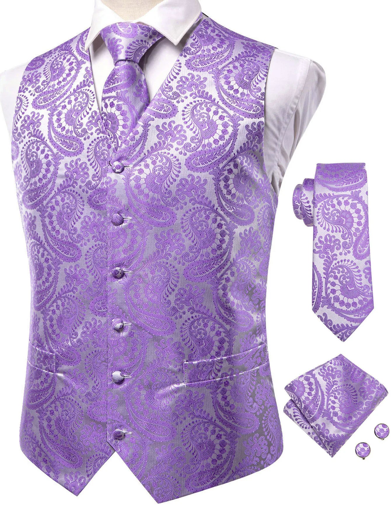 Formal Rose Pattern Paisley Plain Solid Mens Vest Party Wedding Waistcoat Pocket Square Tie  Hankie Suit Set