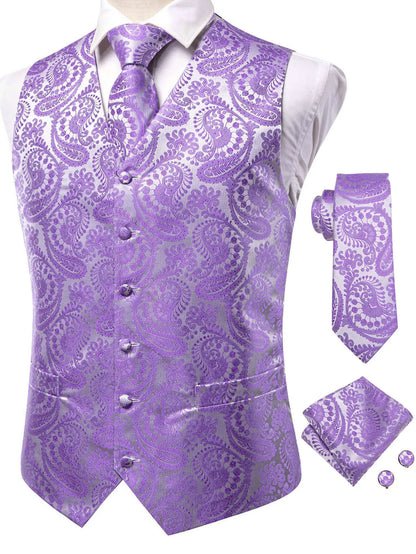 Formal Rose Pattern Paisley Plain Solid Mens Vest Party Wedding Waistcoat Pocket Square Tie  Hankie Suit Set
