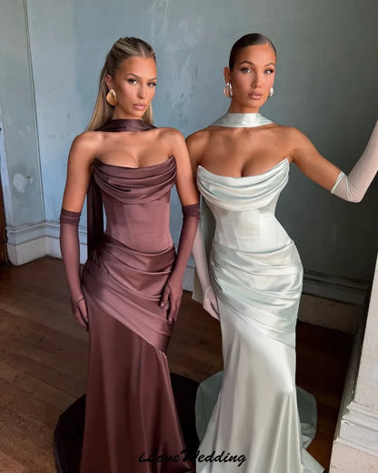 Elegant Strapless Women's Evening Dress 2026 Scarf Mermaid Pleated Women Party Dress Sweep Train Ribbons Formal Gowns Customized