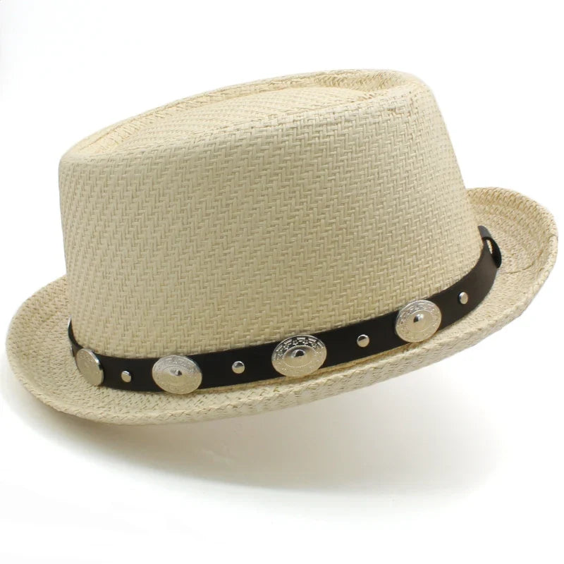 Men Women Straw Pork Pie Hats Summer Sunhat Boater Caps Sailor Sombrero Beach Fedora Trilby Outdoor Travel US Size 7 1/4 UK L