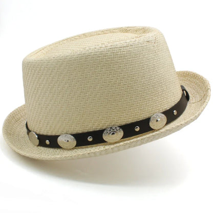 Men Women Straw Pork Pie Hats Summer Sunhat Boater Caps Sailor Sombrero Beach Fedora Trilby Outdoor Travel US Size 7 1/4 UK L