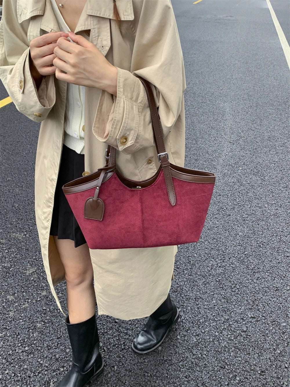 2026 Autumn Retro Suede Shoulder Bags for Women Faux Patchwork PU Underarm Armpit Bag Work Travel Casual Street Designer Handbag