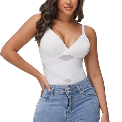 Cross Waist Tummy Control Body Shaping Bodysuit for Women Full Body Control V-Neck Mesh Breathable Briefs Underwear Butt Lifter