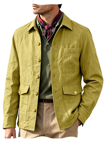 Vintage Men's Linen Jacket Lapel Collar Gold Button Casual Slim Fit Coat Lightweight Breathable for Formal Daily Office Wear
