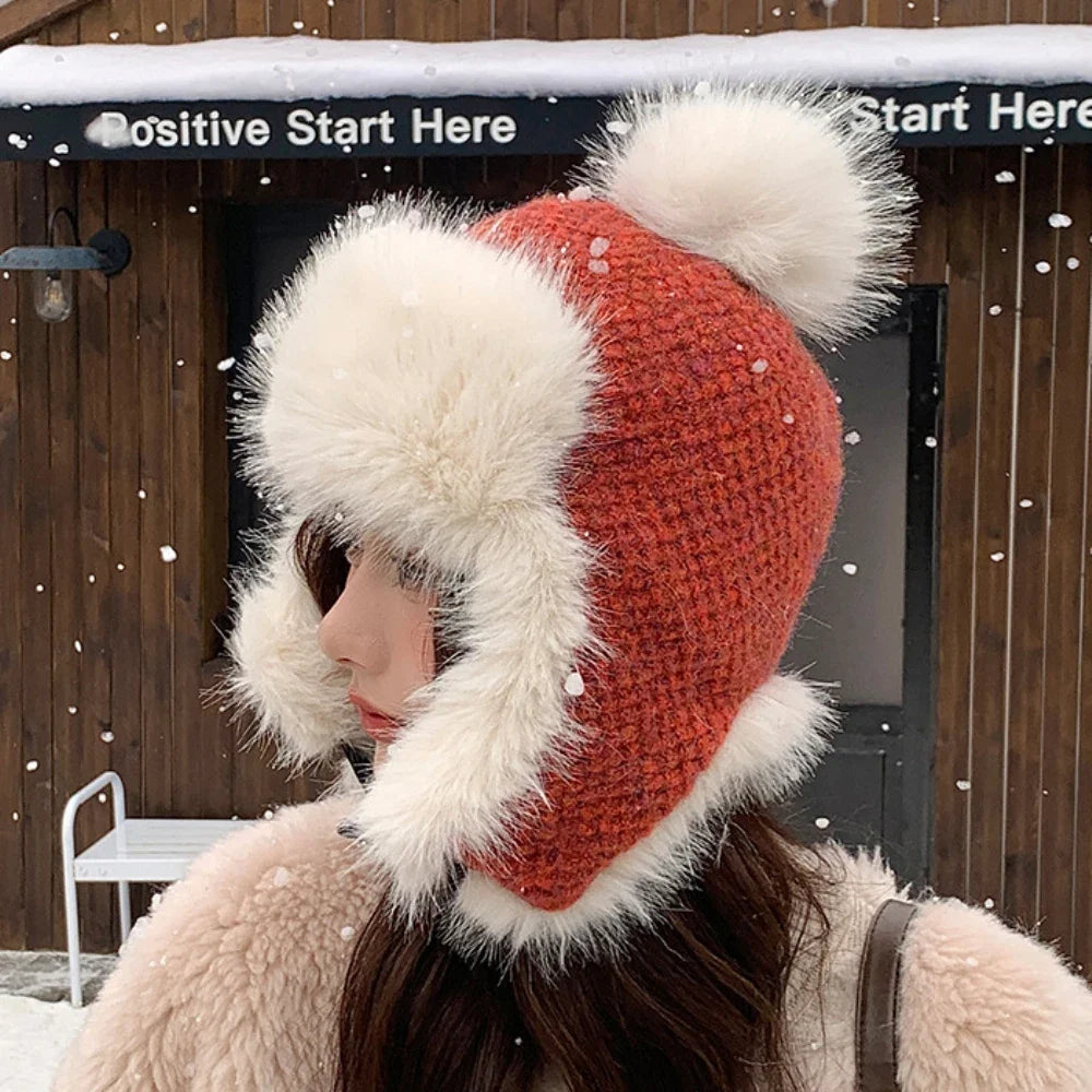 Russian Hat Ushanka Thick Warm Fluffy Fur Hat Women Snow Ski Earflap Cap Female Knitted Hat Skullies Beanies Bomber Hats