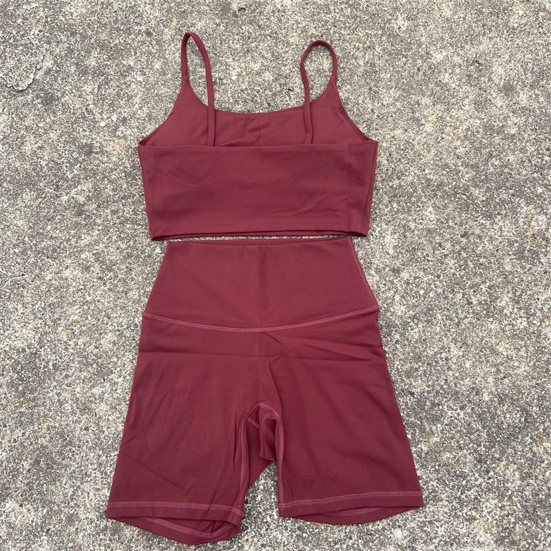 2 Piece Yoga Shorts Set Gym Sports Set Women Workout Clothes Fitness Suit Thin Strap Bra Top High Waist Shorts Running Tracksuit