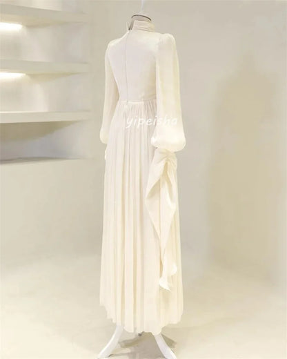 Customized Modern Style Intricate Pleat Ruched Draped A-line High Collar Long Dresses Bespoke Occasion Dresses Sizes Available