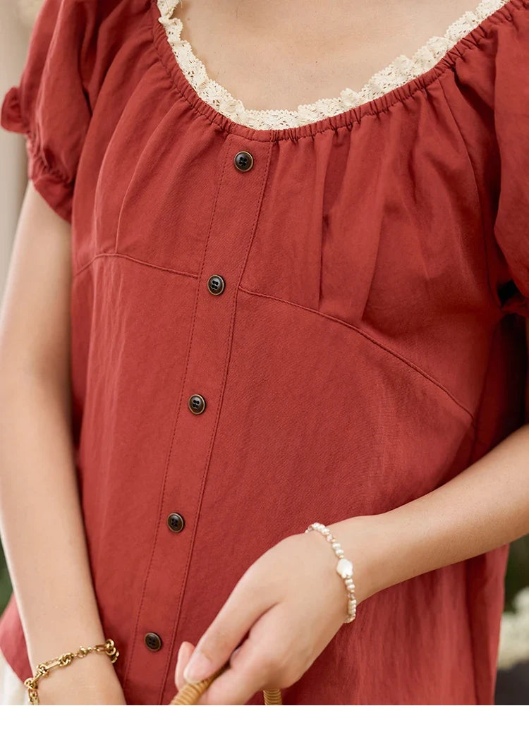 French Summer Shirts for Women 2025 Short Puff Sleeve Lace Colla Slimming Blouses Female Sweet Fashion New MXE35X1827