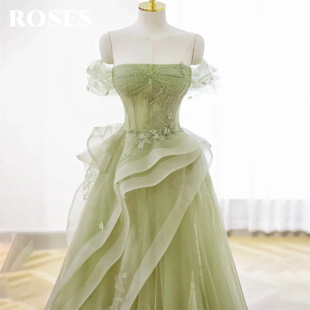 Sage Green Prom Dress Appliques Tulle Celebrity Dresses Tiered Pleat Women's Evening Dress Sweetheart Formal Gown 프롬 드