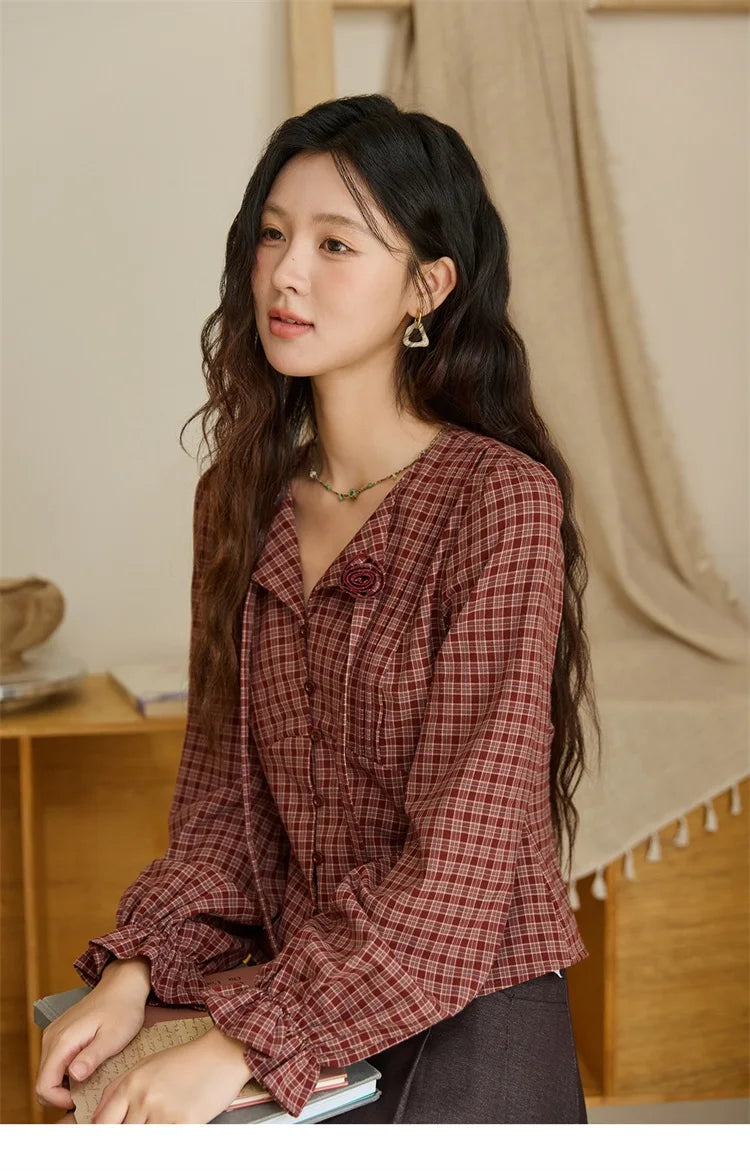 Women's Red Tied Plaid Shirt 2025 Autumn New Arrival Sweet 3D Floral Turn-Down Collar Long-Sleeve Blouse Women MXE45X2481
