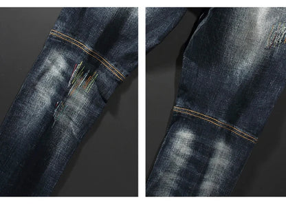 Streetwear Fashion Men Jeans Retro Black Blue Elastic Slim Fit Ripped Jeans Men Spliced Designer Embroidery Hip Hop Denim Pants