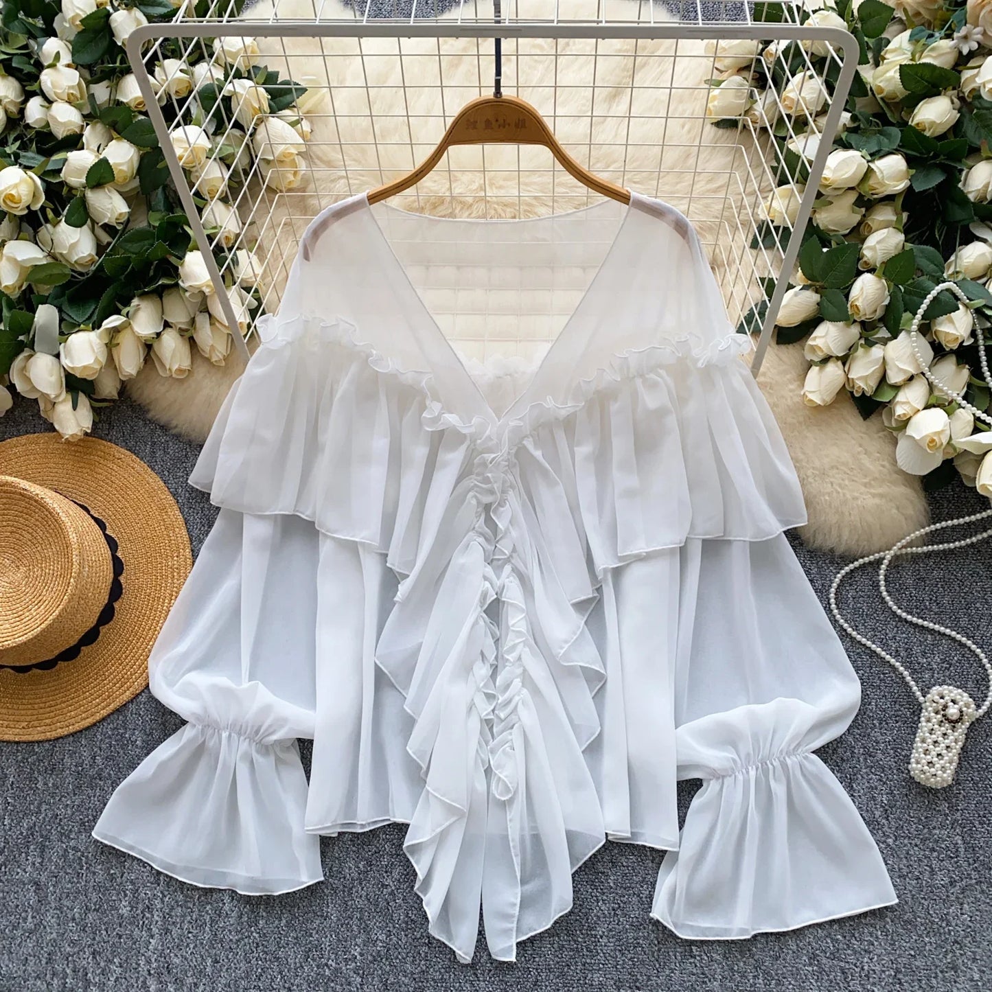 Chic Ruffles Splice Chiffon Blouse V Neck Flared Sleeve Loose Tops 2025 Fashion Solid Fairycore Vacation Women Shirt