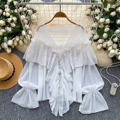 Chic Ruffles Splice Chiffon Blouse V Neck Flared Sleeve Loose Tops 2025 Fashion Solid Fairycore Vacation Women Shirt