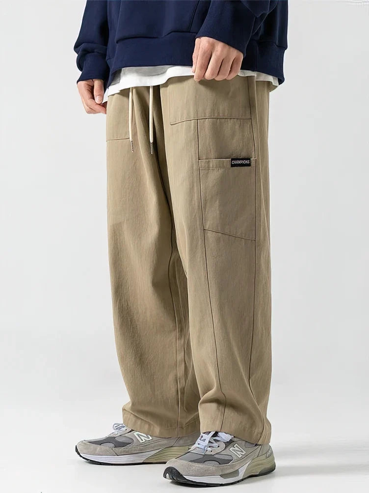 100% Cotton Casual Straight Cargo Pants Men Loose Wide Leg Long Trousers Korean Popular Clothes 2024 New