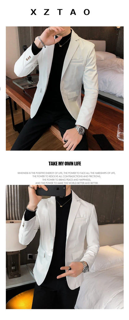 2022 Autumn Leather Jacket Men Slim fit Casual Business Blazer Masculino Solid Color Street Wear Social PU Coat Costume Homme
