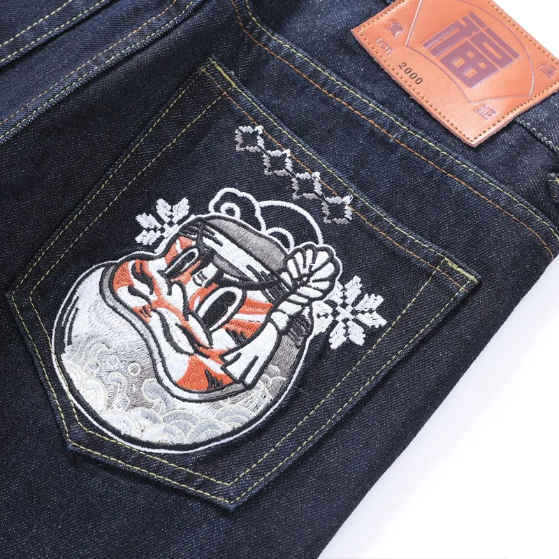 Japanese Handmade Embroidered Jeans Men's Pure Cotton Straight Tube Hip-Hop Popular Slim Red Ears Show Thin Trousers Devil Big M