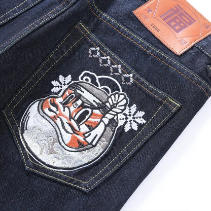 Japanese Handmade Embroidered Jeans Men's Pure Cotton Straight Tube Hip-Hop Popular Slim Red Ears Show Thin Trousers Devil Big M