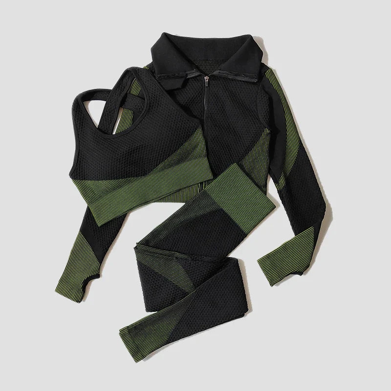 2/3Pcs Women Yoga Suit Seamless Knitted Yoga Pants Leggings Clothing Zipper Long Sleeve Crop Top Fitness Wear Sportswear Gym Set