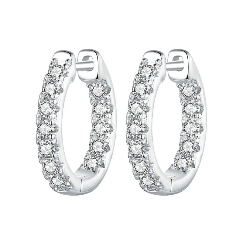 Platinum Plated Moissanite Hoop Earrings for Women, D Color Round Cut Lab Diamond 925 Silver Hypoallergenic Earrings