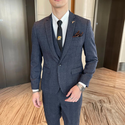 British Korean Style High Quality Modified Plaid Three-Piece Suit for Men - Stylish Business Casual Suit Vest And Trousers Set