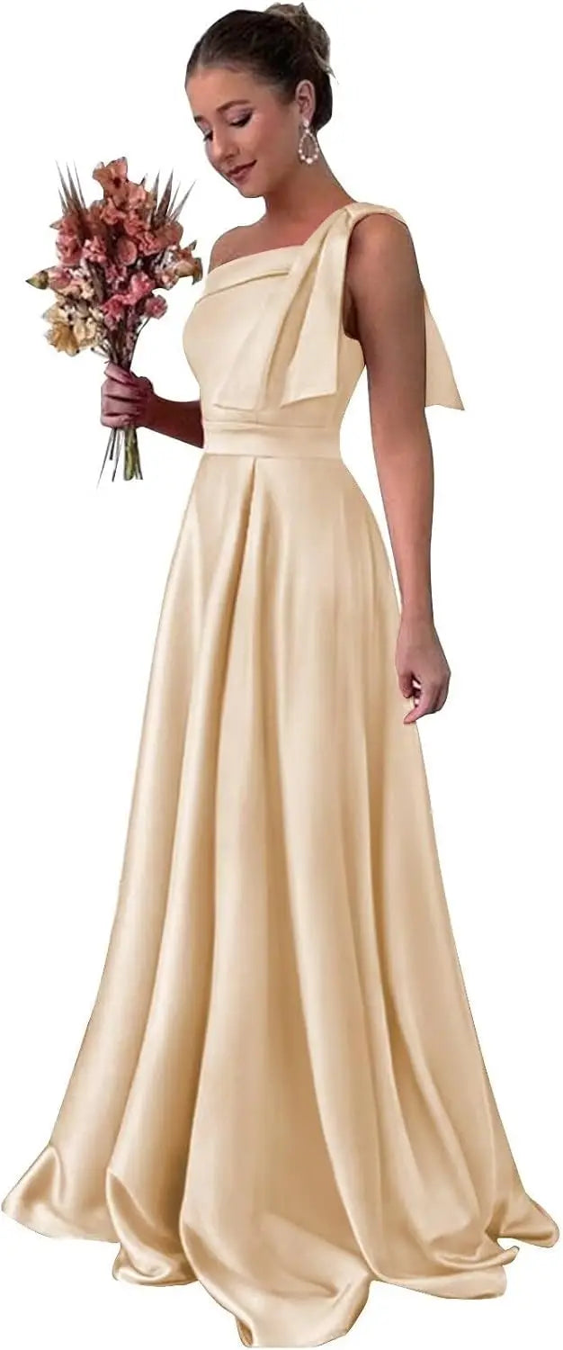 One Shoulder Large Bow Bridesmaid Dress with Pleated Satin and Pockets Simple ,Stylish Ball Dressadies' Guest One Shoulder Dress