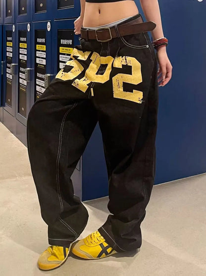 Black Gothic Hip-Hop Letter Printed Streetwear Men And Women Y2k Harajuku 2000s Vintage Fashion Casual Loose Wide-Leg Jeans