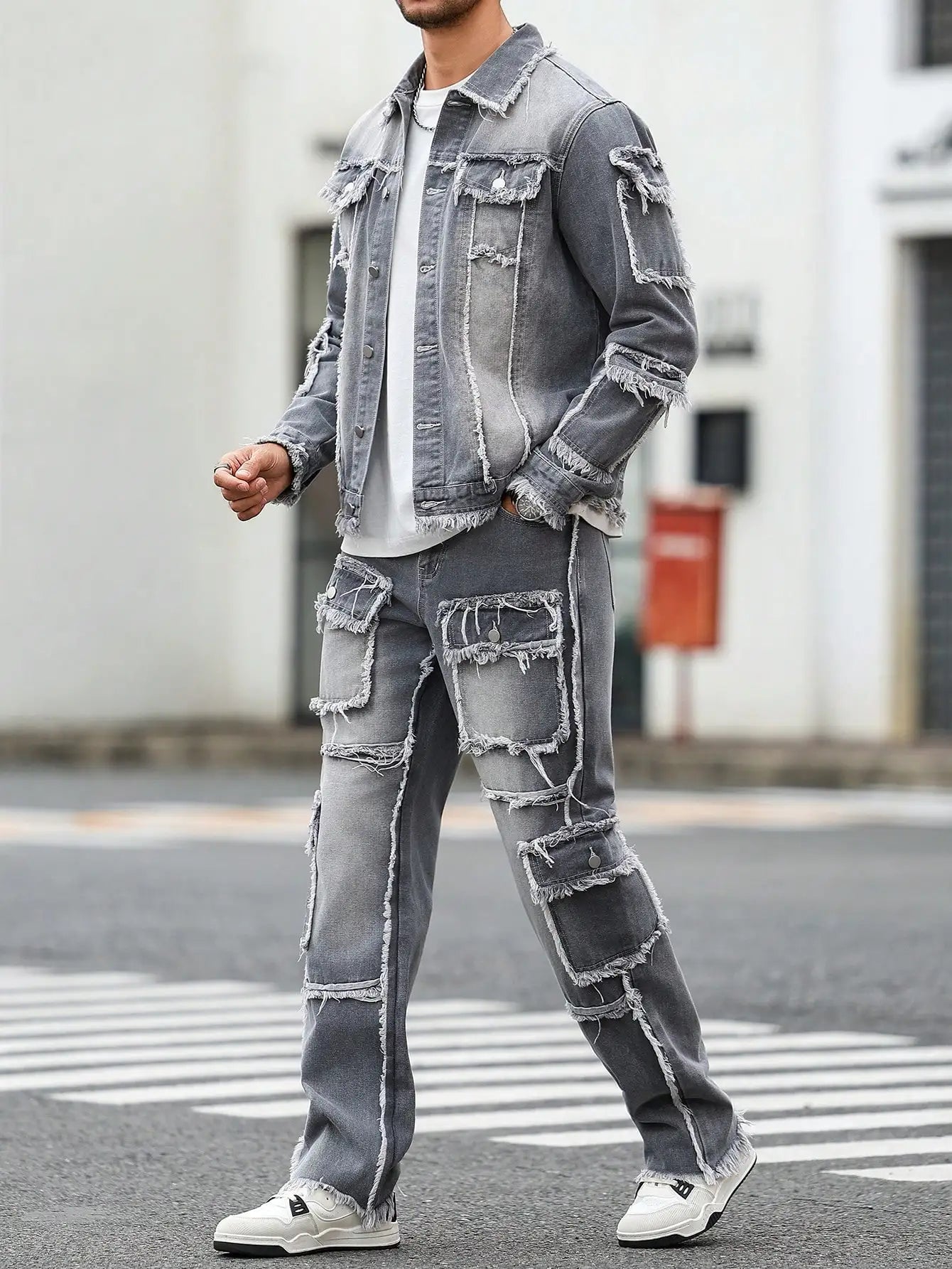 Men's Street Style Casual Distressed Raw-Hem Grey Denim Set, a Minimalist and Fashionable Two-Piece Ensemble.
